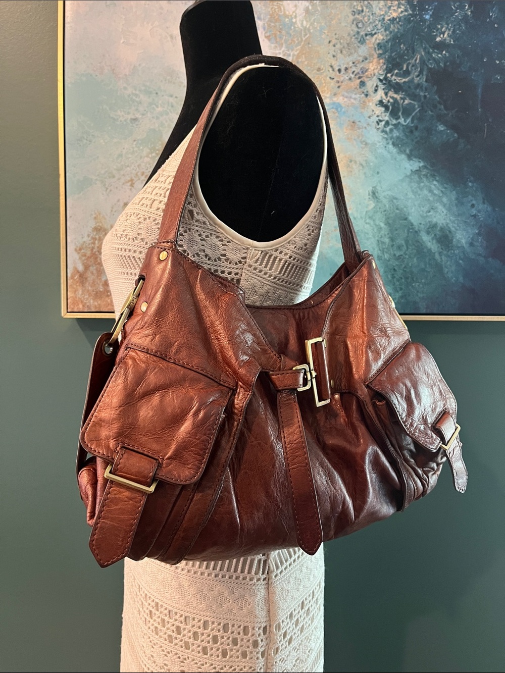 Kooba Burnished Brown Leather Shoulder Bag
